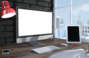 Fototapeta premium 3D illustration PC screen on table in office, Workspace