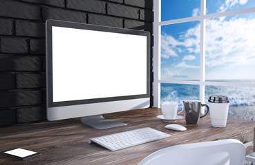Fototapeta premium 3D illustration PC screen on table in office, Workspace