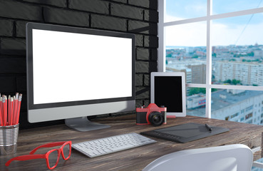 Fototapeta premium 3D illustration PC screen on table in office, Workspace