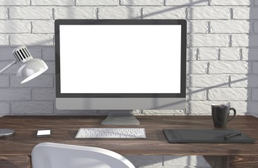 Fototapeta premium 3D illustration PC screen on table in office, Workspace