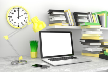 3D illustration laptopand work stuff on table near brick wall