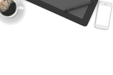 office stuff on table, workplace, top view