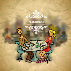 Background in vintage style people in the restaurant with blured
