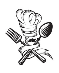 monochrome illustrations of spoon, fork and chef