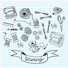 sewing doodle illustration on blue grid
