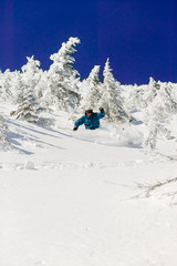 Fototapeta na wymiar Expert skier skiing powder, Stowe, Vermont, USA