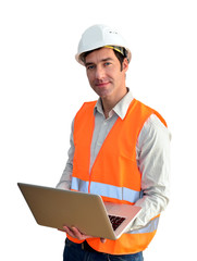 Architekt / Bauleiter / Ingenieur mit Notebook und Warnweste/ Schutzhelm - isoliert Freisteller