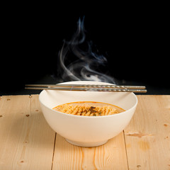 Instant noodles on wood baord