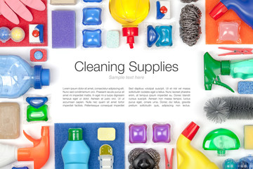 cleaning supplies on white background 