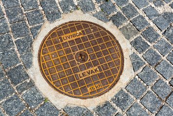 Hatch of sewage on the paving road