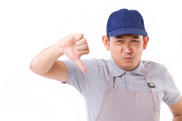 worker, employer with thumb down hand gesture