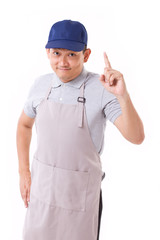 confident worker pointing up