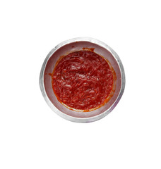 beef sauce for pasta in metal cup on white background