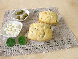 Small breads with olives and feta cheese 