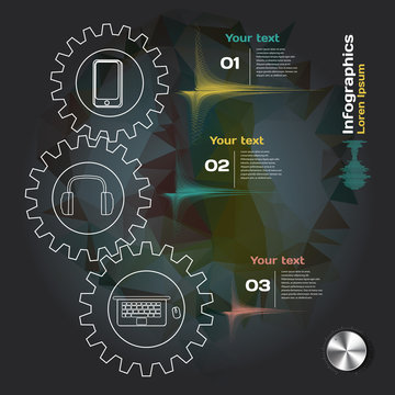 Infographics With Cogwheel, Sound Waves And Devices On A Dark Ba