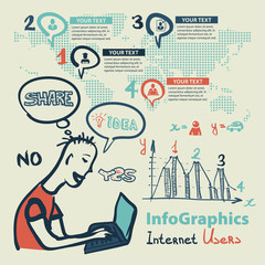 Infographics set in the style of a sketch of the global Internet