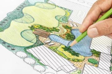 Wandcirkels aluminium Landschapsarchitect ontwerp achtertuin plan voor villa © toa555