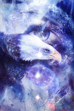  eagle with woman eye on abstract background and Yin Yang 