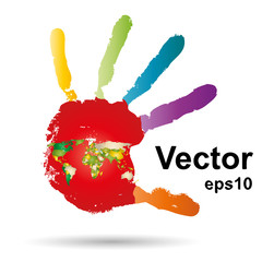 Vector onceptual children painted hand print and map isolated