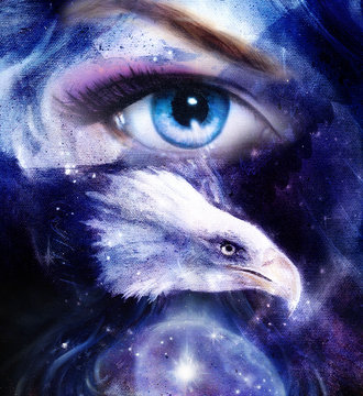  eagle with woman eye on abstract background and Yin Yang 