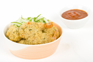 Crispy Butterfly Prawns - Garlic filled prawns, breaded and deep fried.
