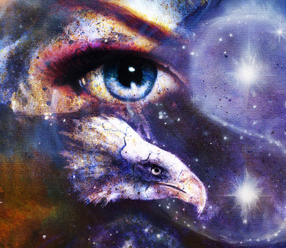  eagle with woman eye on abstract background and Yin Yang 
