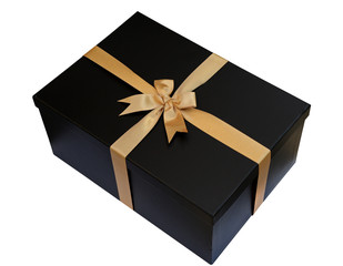 Black Gift box with gold ribbon and bow isolated on white (clipping path)