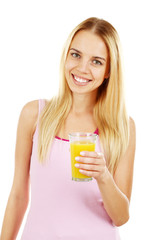 Young beautiful woman with glass of fresh orange juice, isolated on white