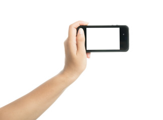 Woman hand holding black smart phone with blank screen