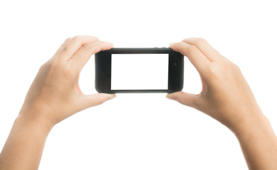 Woman hand holding black smart phone with blank screen