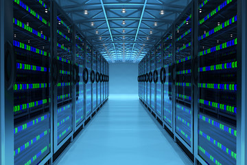Networking communication technology concept, network and internet telecommunication equipment in server room, data center interior