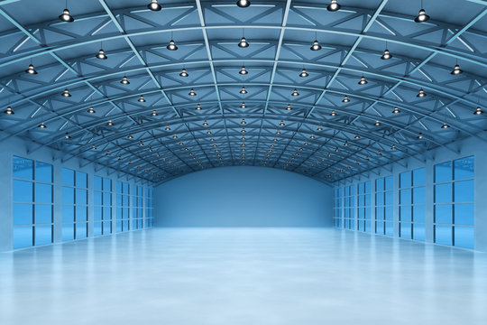 Interior of an empty warehouse building, modern storehouse office in blue light