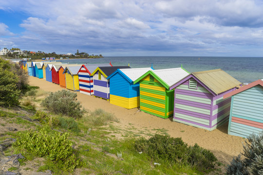Colourful bathing houses at Dendy Street Beach, Brighton in Melbourne