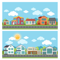Vector banners with cottage houses in flat design style