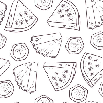 Hand drawn outline seamless pattern with pineapple banana and watermelon slices. Fruit background