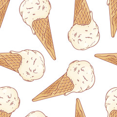 Doodle ice cream in a waffle cone seamless pattern. Vector illustration - 89356707