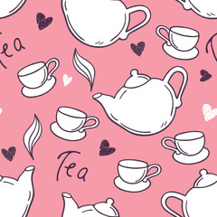 Seamless pattern with hand drawn tea cup and teapot. Doodle background