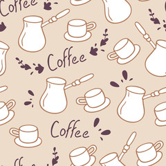 Doodle coffee seamless pattern with lettering.Hand drawn backgrond