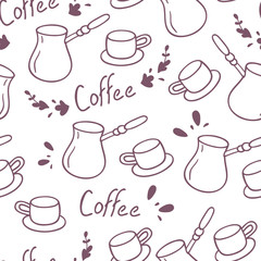 Doodle coffee seamless pattern with lettering.Hand drawn background