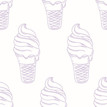 Twisted ice cream in a waffle cone. Outline seamless pattern. Vector illustration