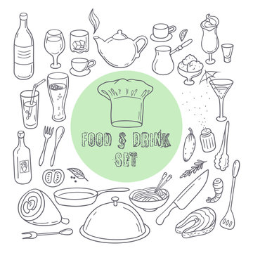 Food and drink outline doodle icons. Set of hand drawn kitchen elements