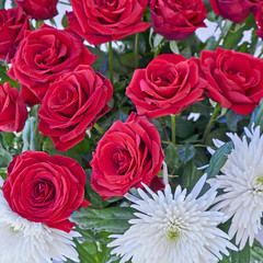 Naklejka premium red roses and white chrysanthemums bouquet close up