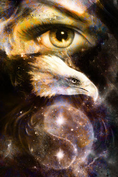 painting eagle  woman eye in space with stars.  yin yang 