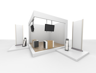 blank stand design in exhibition or trade fair with tv display