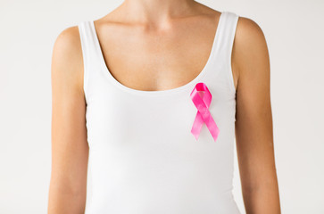 woman with pink cancer awareness ribbon
