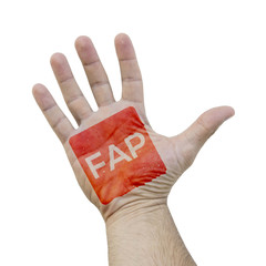 Red square FAP stamp on a caucasian man hand
