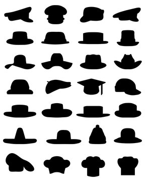 Black silhouettes of various caps and hats, vector