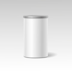 Vector object. White round tin packaging. Tea  coffee, dry