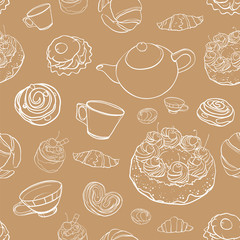 seamless vector contour pattern with baking, pastries, cakes, tea