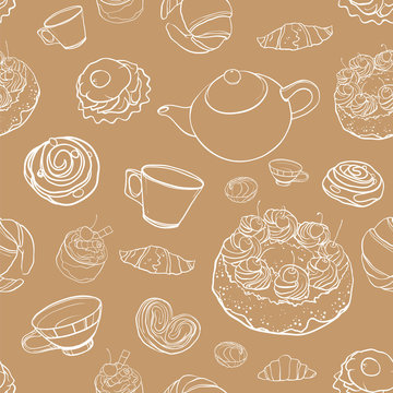 Seamless Vector Contour Pattern With Baking, Pastries, Cakes, Tea